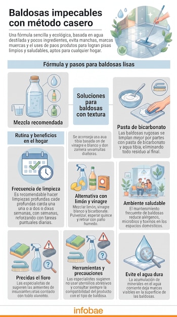 Infografía con título, texto y ocho paneles ilustrados que muestran la preparación y aplicación de métodos caseros de limpieza de baldosas.