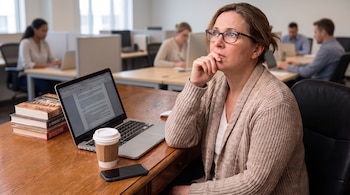 Una mujer con gafas y suéter beige se sienta ante un escritorio con una computadora, libros, un vaso de café y un teléfono inteligente.