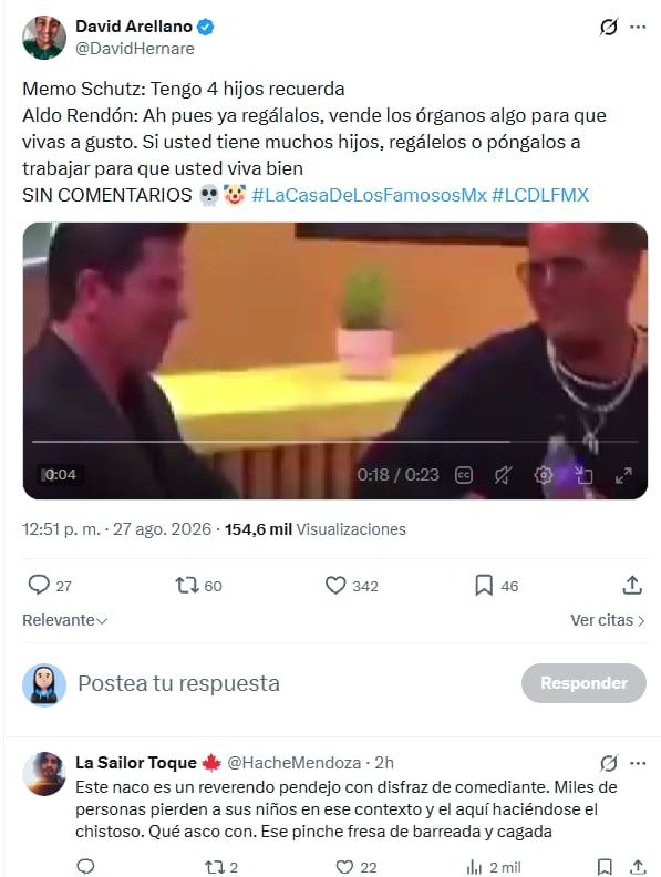 Una publicación en la red social X difunde declaraciones de Aldo Rendón y registra comentarios críticos de usuarios. (X)
