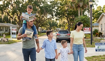 Una familia de cinco camina por una calle residencial. El padre carga a un niño, y la madre camina con otros dos niños. Hay letreros de "Se Alquila" y un SUV gris