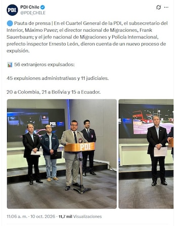 De las 1.789 expulsiones materializadas en Chile con corte al 4 de octubre de 2026, 722 son de migrantes colombianos, de acuerdo con cifras del Servicio Nacional de Migraciones de Chile - crédito @PDI_CHILE/X