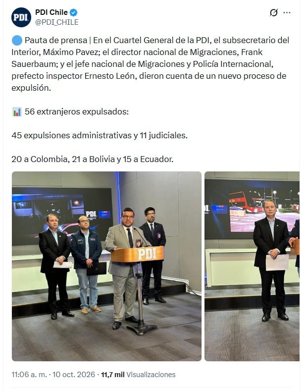 De las 1.789 expulsiones materializadas en Chile con corte al 4 de octubre de 2026, 722 son de migrantes colombianos, de acuerdo con cifras del Servicio Nacional de Migraciones de Chile - crédito @PDI_CHILE/X