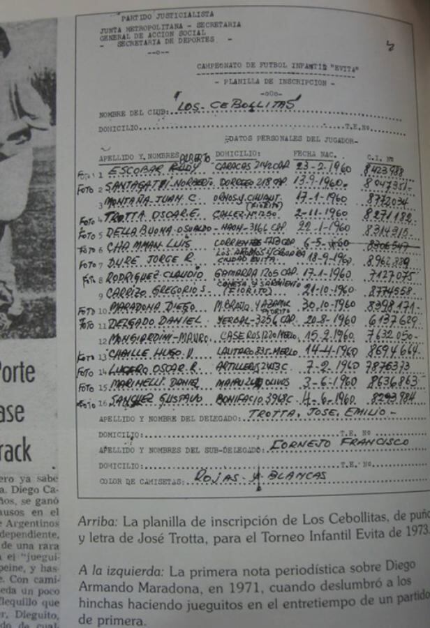 La planilla de Los Cebollitas, el equipo de Maradona, en los Juegos Evita de 1973, un hallazgo del periodista Guillermo Blanco. Nótese que Diego ya monopolizaba la 10. Y figura su dirección en Villa Fiorito