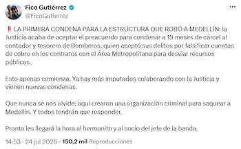 El alcalde de Medellín aseguró que la primera condena relacionada con estas investigaciones marcaba el inicio de nuevas decisiones judiciales. - crédito @FicoGutierrez/X