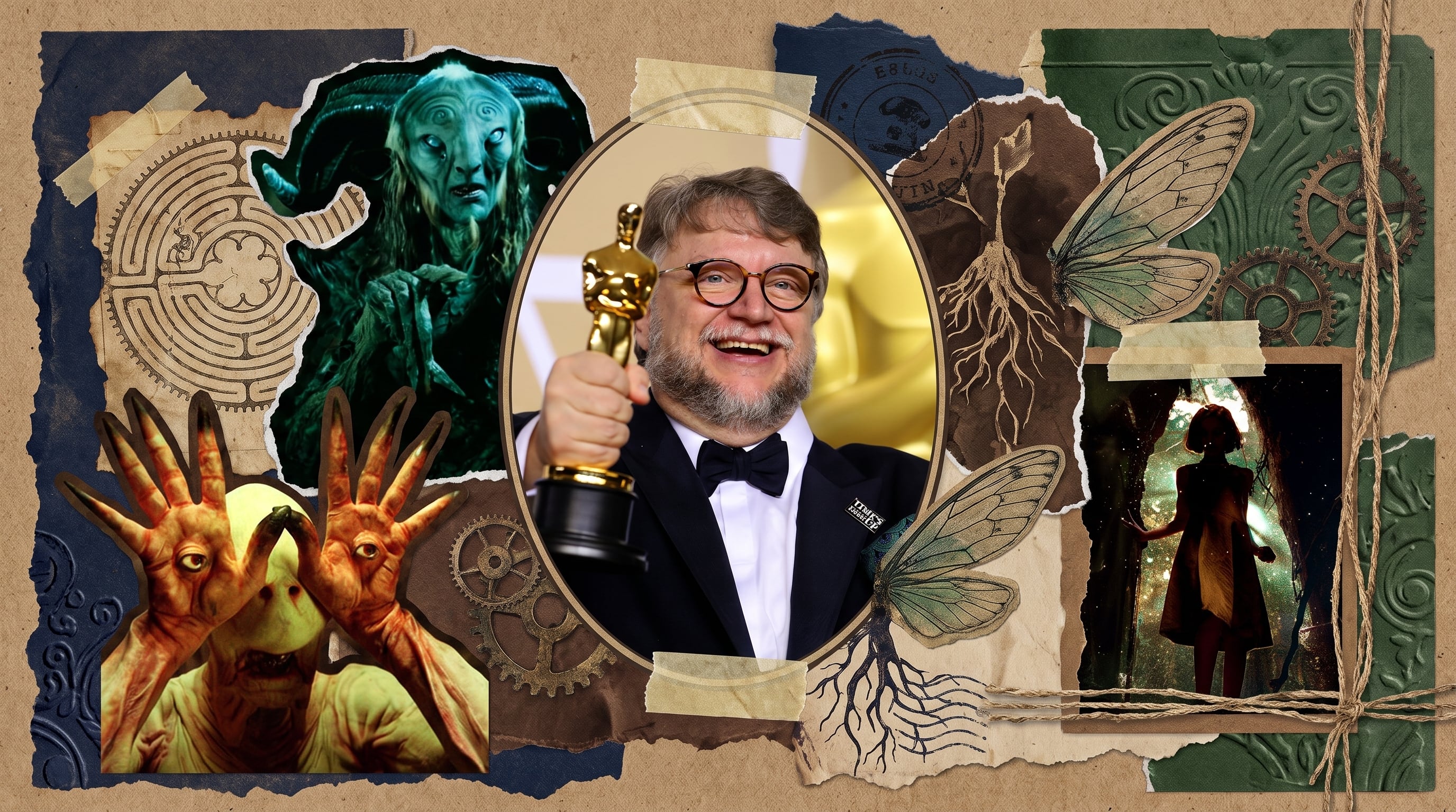 Un collage estilo scrapbook muestra al director Guillermo del Toro con su estatuilla Óscar, rodeado de elementos gráficos y personajes de su película El Laberinto del Fauno. (Imagen Ilustrativa Infobae)