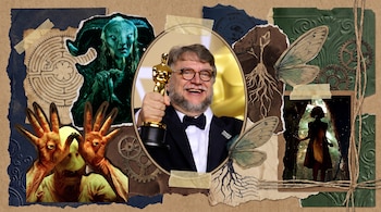 Collage con Guillermo del Toro sonriente sosteniendo un Óscar, el Fauno, el Hombre Pálido, Ofelia y un laberinto en tonos tierra, azules y verdes.