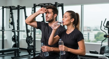 Un hombre con camiseta negra se seca el sudor de la frente, mientras una mujer con coleta bebe agua de una botella en un gimnasio con equipos y ventanas grandes.