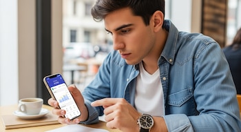 Un joven de cabello oscuro sentado en una cafetería mira su celular, que muestra una aplicación de seguimiento de salud con gráficos. Una taza de café y un cuaderno están en la mesa.