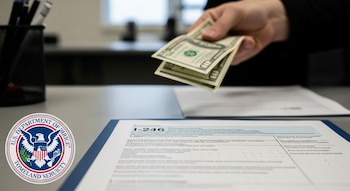 Primer plano de un formulario I-246 sobre un escritorio. Una mano sostiene billetes de dólares, y el logo del Departamento de Seguridad Nacional es visible.