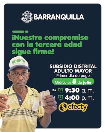 La Alcaldía de Barranquilla pagará el Subsidio Distrital para el Adulto Mayor del 8 al 25 de julio de 2026, correspondiente al tercer ciclo del año - crédito Alcaldía de Barranquilla