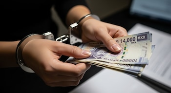 Primer plano de dos manos, una con esposas de metal, la otra sujetando un fajo de billetes mexicanos de mil pesos que suman catorce mil.