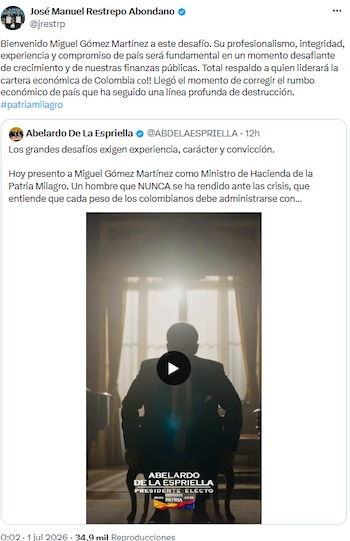 José Manuel Restrepo respaldó a Miguel Gómez Martínez y destacó su papel clave para la economía de Colombia - crédito @jrestrp/X