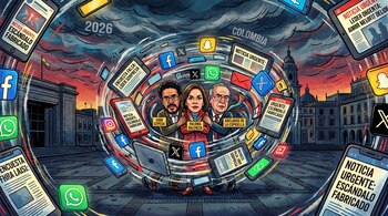 Ilustración de Iván Cepeda, Paloma Valencia y Abelardo de la Espriella rodeados por pantallas con noticias falsas y logos de redes sociales, edificios de fondo y cielo tormentoso.