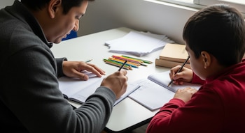 Adulto latino y niño, ambos de perfil, escriben en cuadernos con lápices sobre una mesa. Lápices de colores y libros se ven cerca de una ventana.