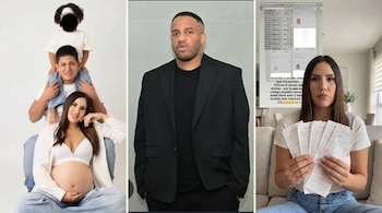 Collage de tres imágenes: una mujer embarazada con su familia, un hombre en traje negro, y una mujer sentada en un sofá sosteniendo varios recibos.