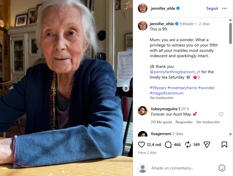 Su hija, la actriz Jennifer Ehle, compartió fotografías de Harris a propósito de su onomástico (Instagram/@jennifer_ehle)