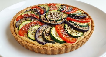 Tarta salada con base de masa, relleno de color amarillo claro, rodajas de berenjena, zucchini y pimiento rojo, cubierta con semillas variadas, servida en un plato blanco.