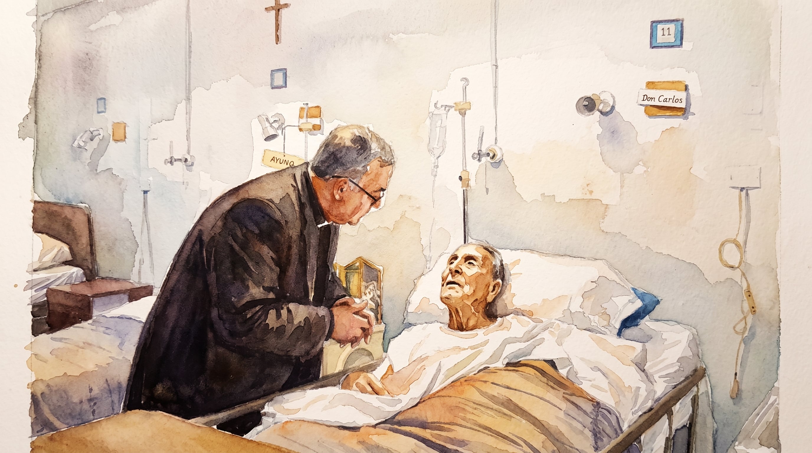 Un sacerdote acompaña a un paciente recostado en la cama de un hospital, con un suero intravenoso visible al lado. (Imagen Ilustrativa Infobae)