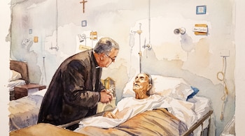 Ilustración en acuarela de un sacerdote con gafas y sotana oscura junto a un paciente en una cama de hospital. Se observan un suero, una cruz y carteles en la pared con los textos 'AYUNO', 'Don Carlos' y el número '11'.