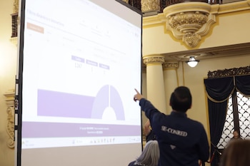 Un hombre de espalda con uniforme de SE-CONRED apunta hacia una pantalla de proyección que exhibe datos numéricos y gráficos