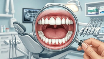 Ilustración de una mano sosteniendo una lupa que muestra una boca abierta con dientes blancos y encías rosas en un consultorio dental