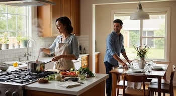Una mujer con delantal revuelve una olla humeante en la estufa mientras un hombre sonriente pone la mesa del comedor, ambos en una cocina luminosa.