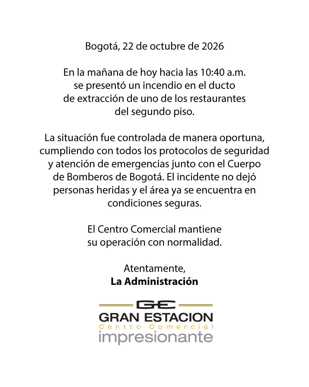 Los organismos de socorro no reportaron personas lesionadas tras la emergencia en Gran Estación -crédito @GranEstacionCC/X