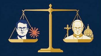 Ilustración de balanza dorada sobre fondo azul. En un platillo, Chris Olah y el logo de Anthropic; en el otro, el Papa León XIV, un crucifijo y la cúpula del Vaticano.