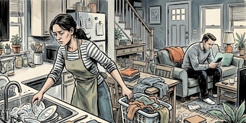 Ilustración: Mujer lavando platos y con cesta de ropa sucia en una cocina; un hombre sentado en el sofá mirando su móvil en un hogar desordenado