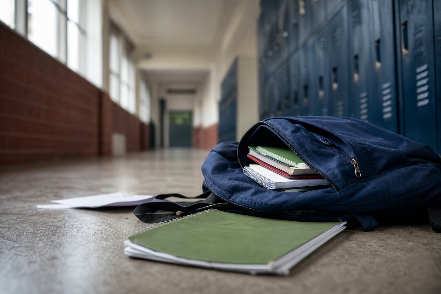 Una mochila abierta con libros y cuadernos desparramados permanece en el suelo de un pasillo escolar desierto. (Imagen Ilustrativa Infobae)