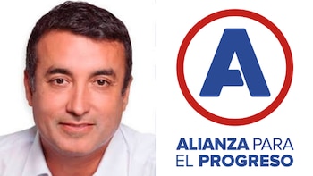 Retrato de un hombre de cabello oscuro junto al logotipo del partido Alianza para el Progreso sobre un fondo blanco