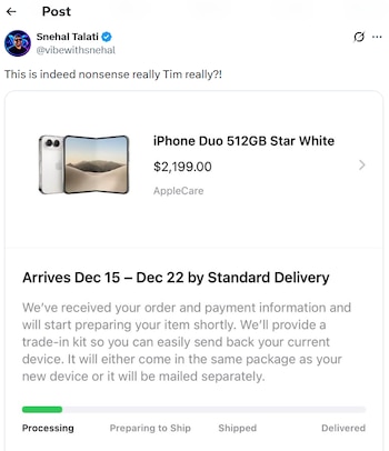 Captura de pantalla de una publicación en redes sociales con la confirmación de compra de un teléfono celular plegable y su precio en dólares