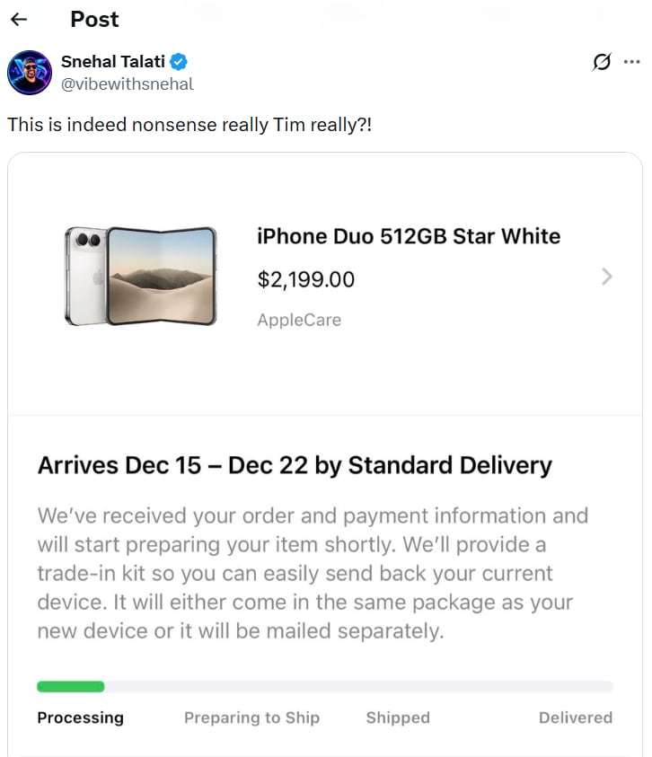 Una publicación en redes sociales del usuario Snehal Talati presenta una captura de pantalla del estado de compra de un supuesto iPhone Duo por un precio de 2.199 dólares. (X)