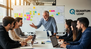 Un grupo de seis personas en una sala de reuniones con laptops. Un hombre mayor de barba gris habla en el centro, rodeado de cinco jóvenes. Detrás, una pizarra con gráficos y notas adhesivas.