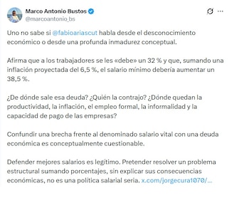 Marco Antonio Bustos, politólogo, señaló que confundir una brecha frente al denominado salario vital con una deuda económica es conceptualmente cuestionable crédito - @marcoantonio_bs/X