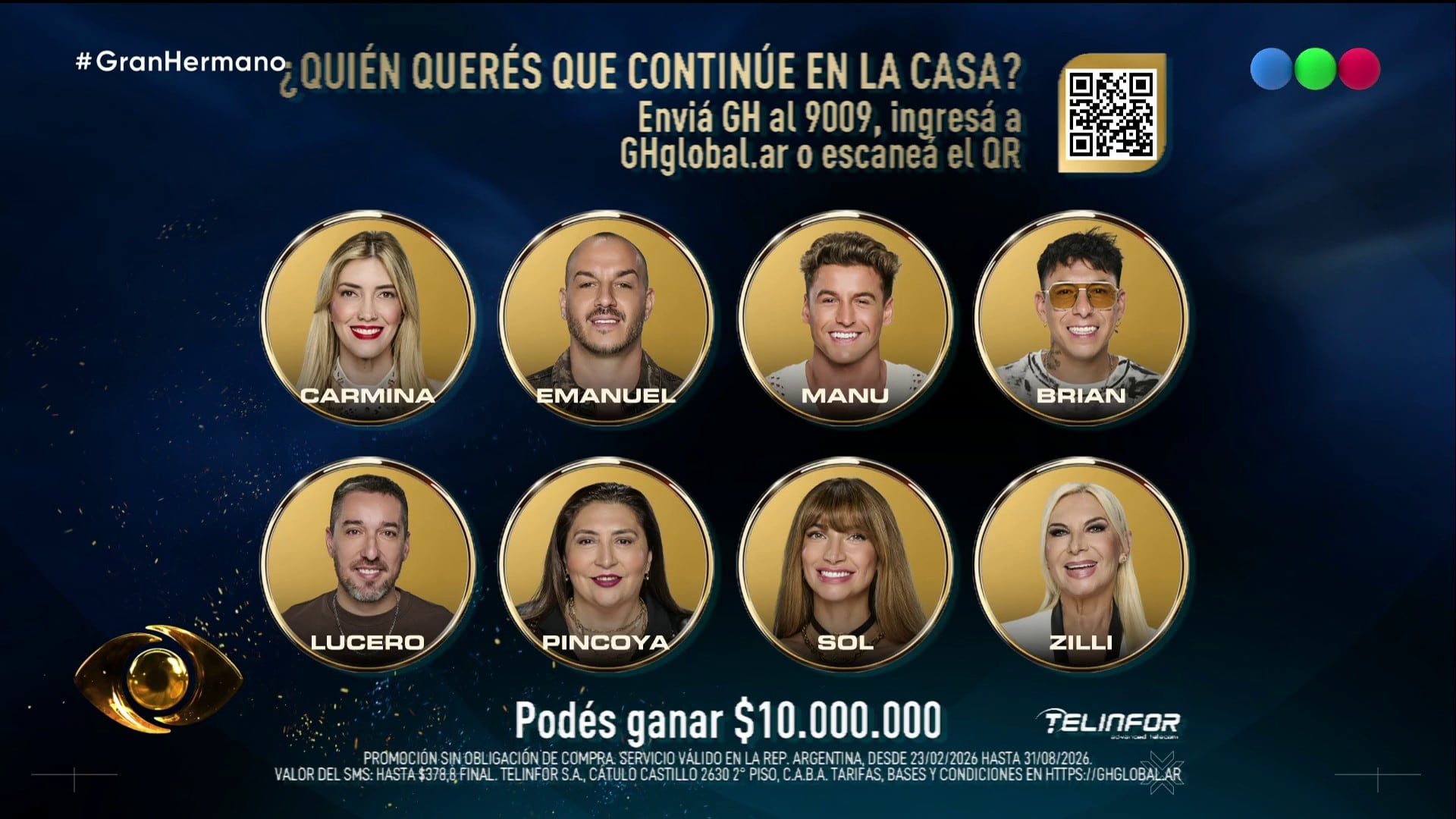 Telefe lanza la placa de nominados de Gran Hermano, invitando a la audiencia a votar por los concursantes Carmina, Emanuel, Manu, Brian, Lucero, Pincoya, Sol o Zilli para que sigan en el popular reality show.