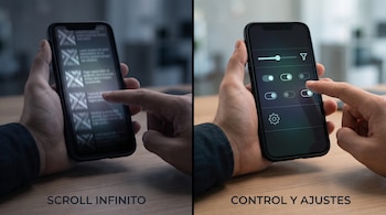 Díptico: una mano sostiene un smartphone. Izquierda, pantalla con scroll infinito. Derecha, pantalla con menú de ajustes, controles deslizantes e interruptores.