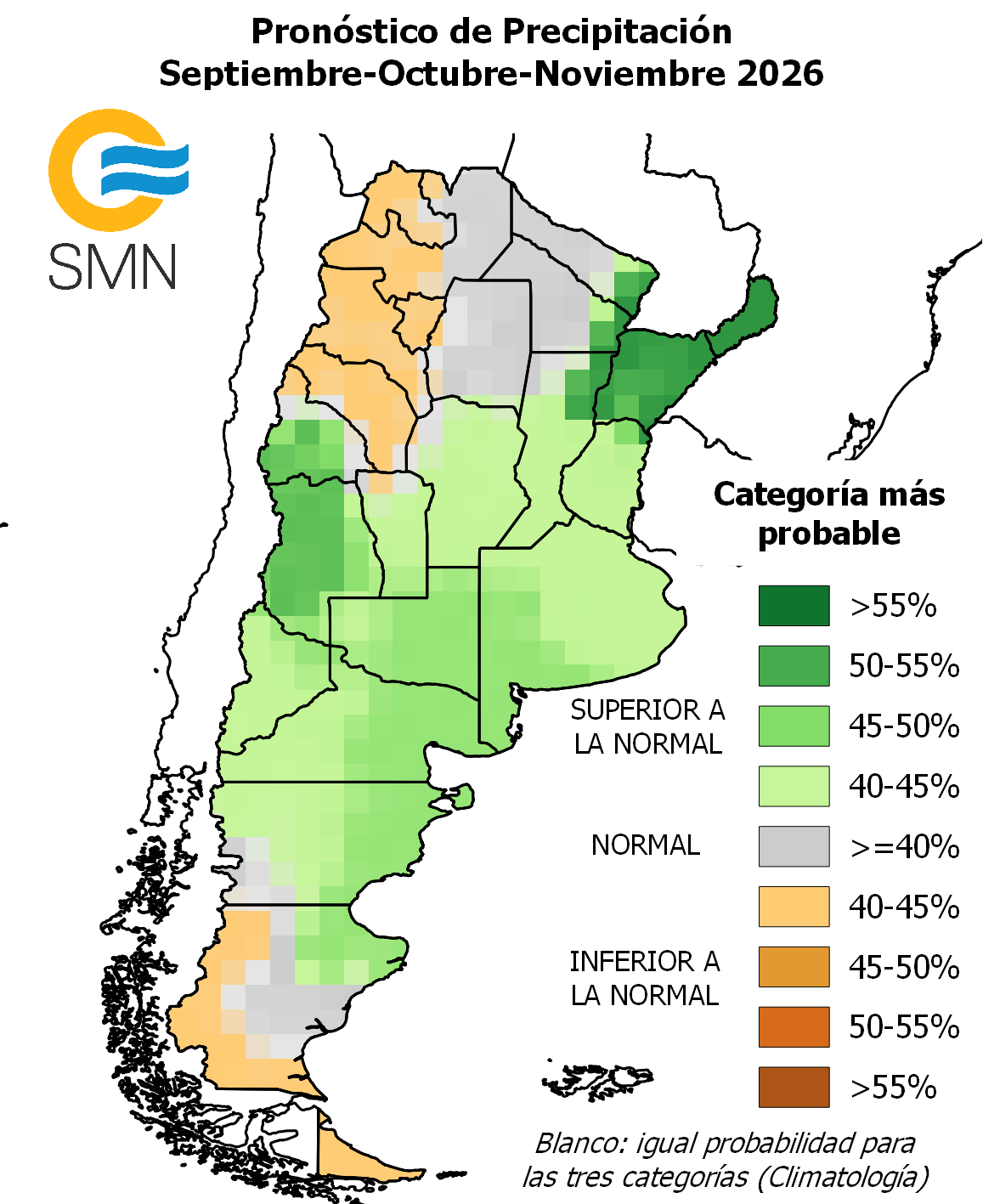 El SMN prevé lluvias superiores a lo normal en el norte del Litoral, el oeste de Cuyo, La Pampa, el sudoeste de Buenos Aires y el noreste de Patagonia. (SMN)