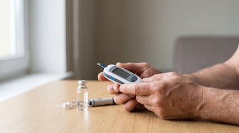 Manos adultas sostienen un glucómetro digital. Sobre una mesa de madera, una jeringa de insulina y un frasco de medicamento transparente.
