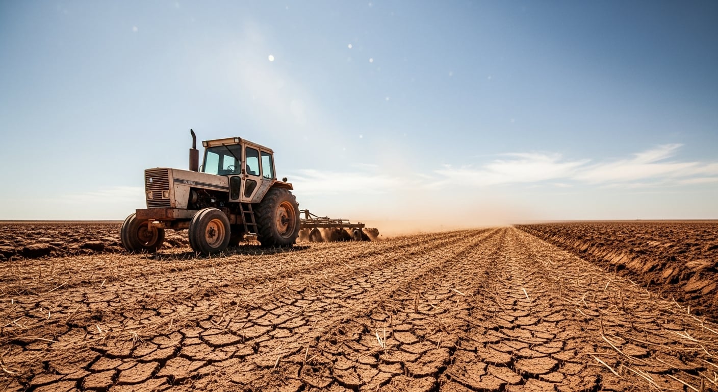 Ante la proximidad de El Niño, un tractor labra una extensión de tierra agrietada bajo un cielo con escasas nubes, levantando polvo. (Imagen Ilustrativa Infobae)