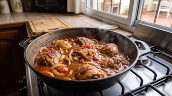 Una cacerola de hierro sobre una hornalla contiene piezas de pollo, tiras de cebolla y tomate en salsa espesa con vapor.