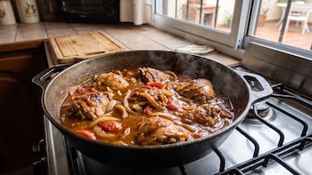 Receta de pollo a la cacerola con tomate y cebolla, rápida y fácil