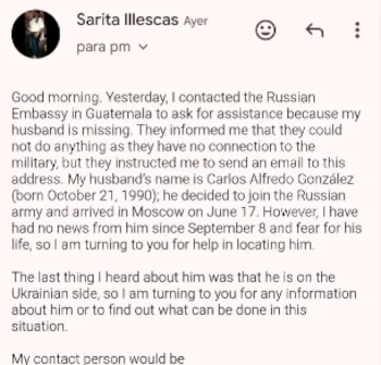 El correo electrónico remitido por la esposa de Carlos Alfredo González al correo proporcionado por la diplomacia rusa, en el que detalla la fecha de ingreso de su cónyuge al ejército y el momento de su desaparición.