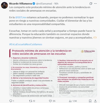 El subsecretario Ricardo Villanueva destaca la importancia de intervenir a tiempo y construir espacios escolares seguros y en paz. | (Crédito: X@rvillanueval)