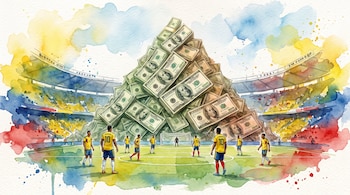 Una ilustración de acuarela muestra una montaña de billetes de cien dólares en un campo de fútbol con varios jugadores y gradas de estadio.
