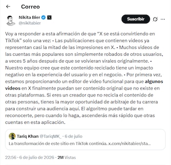Captura de pantalla de un post en X con texto sobre contenido de video original y reciclado, perfiles de Nikita Bier y Tariq Khan, botón Suscribir, fecha 6 de julio de 2026