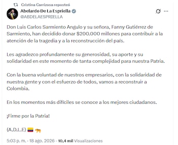 El presidente Abelardo de la Espriella agradeció a Luis Carlos Sarmiento Angulo y a su esposa, Fanny Gutiérrez de Sarmiento, por su contribución económica para atender la emergencia derivada del terremoto - crédito @ABDELAESPRIELLA/X
