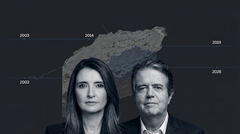 Retrato de Paloma Valencia y Nicolás Laserna, ambos en primer plano, sobre un fondo oscuro con un mapa del Vichada y líneas de tiempo con fechas (2003, 2014, 2019, 2026).