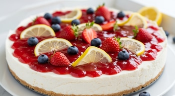 Cheesecake redondo con base de galleta, relleno cremoso, cubierta roja brillante, fresas enteras y a la mitad, arándanos y rodajas de limón sobre un plato blanco.