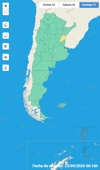 Mapa de Argentina pintado de verde con una provincia en amarillo en el este, con botones superiores con fechas